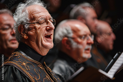 A senior man singing in a choir