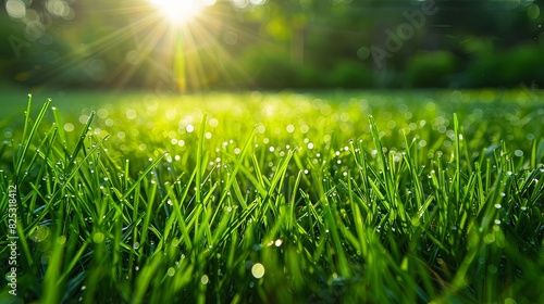 lawn watering system. green lawn with water drops