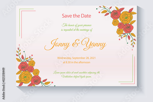 Watercolor wedding invitation floral and leaves card template