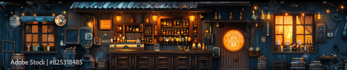 Warmly lit vintage pub exterior at night, showcasing a charming atmosphere with wooden barrels, signage, and illuminated windows. Generative ai vector illustration. Pop art comic book style imitation.