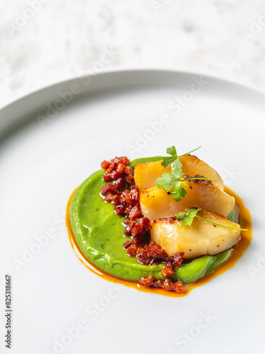 seared scallop with bacon and avocado photo
