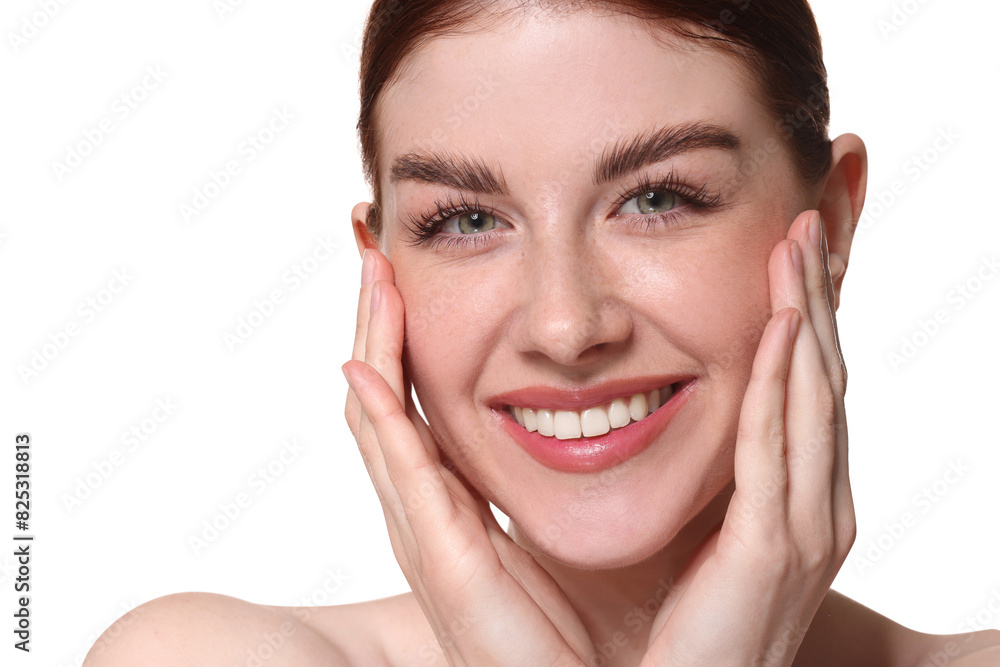 Portrait of smiling woman on white background, closeup Portrait of smiling woman on white background, closeup