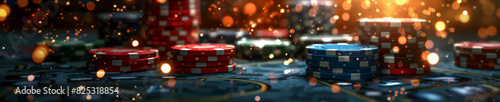 Casino chips on table. A vivid, close-up view of colorful casino chips stacked on a gaming table, illuminated by dazzling lights and bokeh generative ai vector illustration.