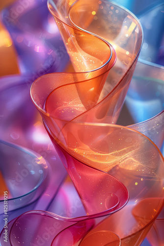 Dynamic depiction of a lens creating ribbons of color that flow and twist in a dance of light,