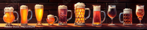 Various craft beers in different glasses lined up on a wooden bar, highlighting a diverse selection of brews and flavors. Generative ai vector illustration. Pop art comic book style imitation. 