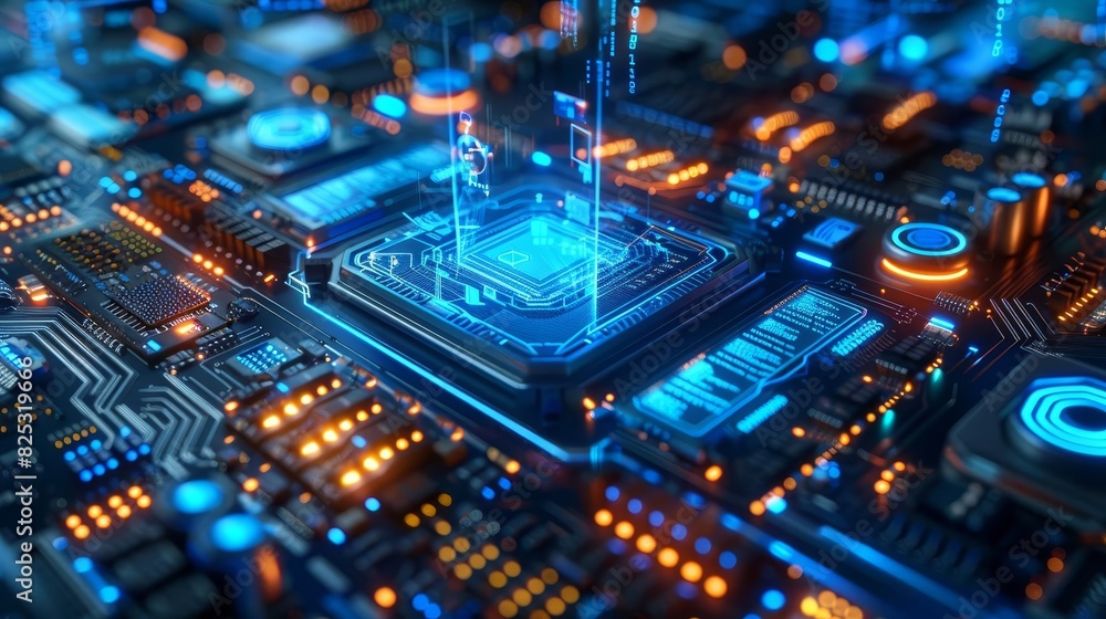 Fototapeta premium A quantum computers core, with floating holograms of pension fund data and investment strategies, Scifi, Blue hues, 3D Render