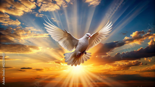 White dove on the background of sunset in the sky