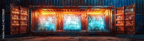 A rusty shipping container filled with untouched, glowing contracts, surreal, vibrant colors, highresolution