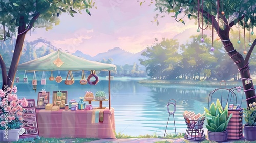 A serene scene of a charity craft fair by a lakeside, with stalls showcasing handmade goods, Peaceful, Soft hues, Digital Art photo