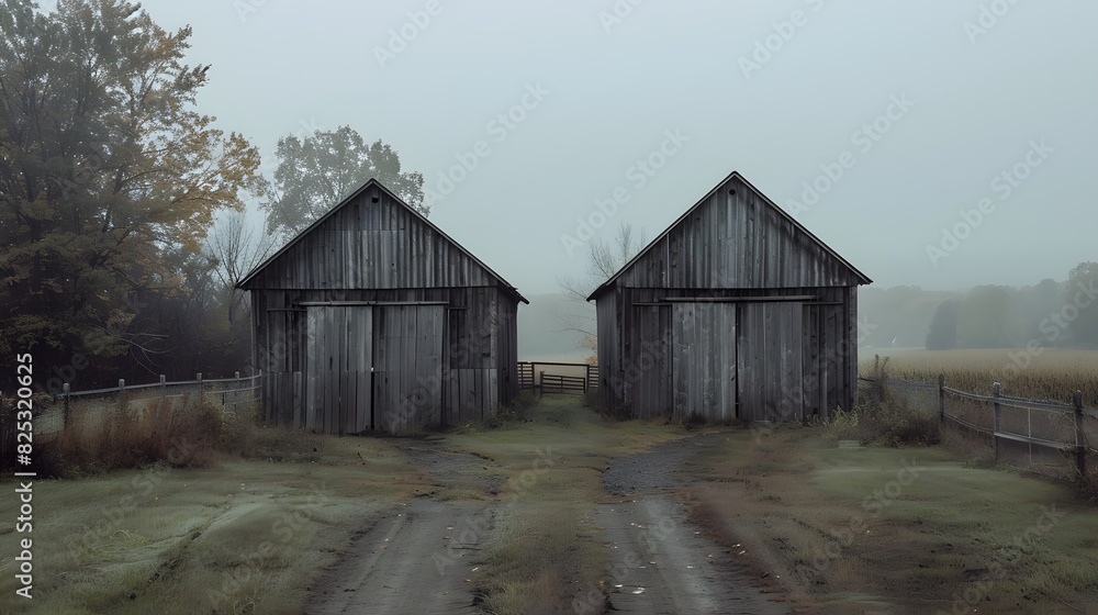 Rustic old barn surrounded by grassland and forest landscape. Rustic old barn surrounded by grassland and forest landscape.