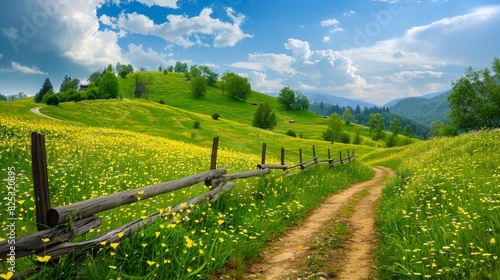 summer picturesque vibrant landscape of fairy tale green hills and dirt foot path with rural wooden palisade in June month day photo