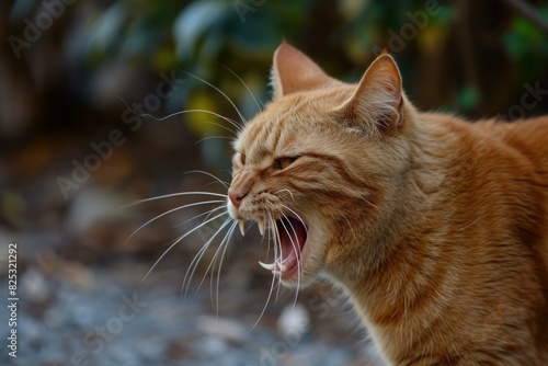 Adorable ginger tabby cat yawning with sharp focus on whiskers and teeth. Displaying tired and sleepy behavior outdoors in nature
