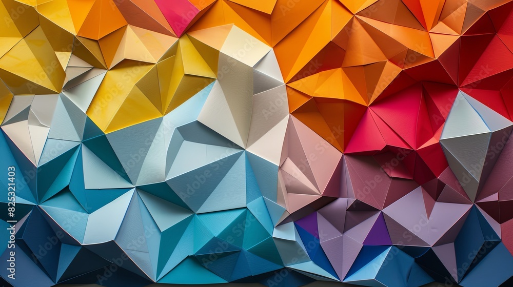 Papercut abstract design with tessellated triangles in bright hues, lively and playful Papercut abstract design with tessellated triangles in bright hues, lively and playful