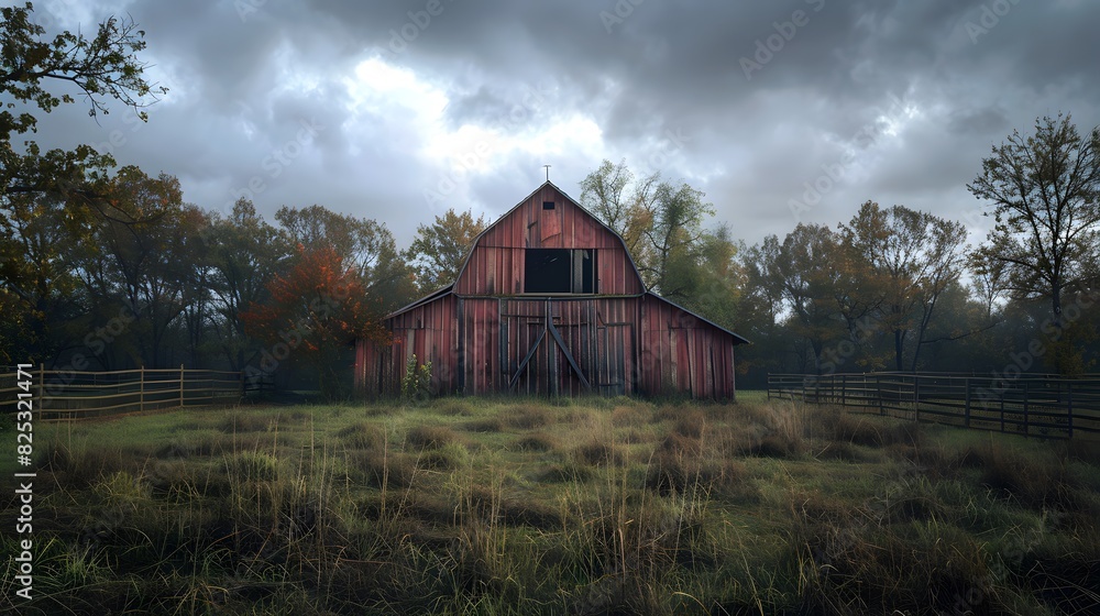 Rustic old barn surrounded by grassland and forest landscape. Rustic old barn surrounded by grassland and forest landscape.
