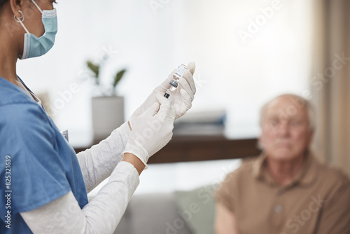 Картината върху платно Nurse, syringe and mask in living room for care, vaccination or flu shot in retirement home