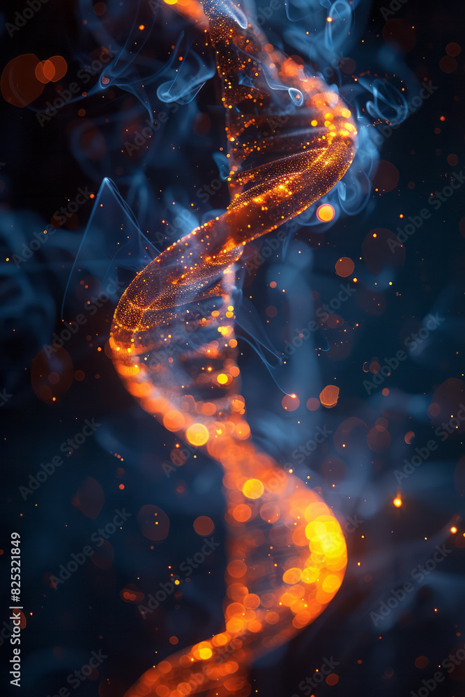 Illustration of a lens generating streams of light that form a helix, symbolizing kinetic energy in motion,