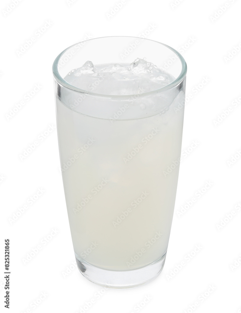 Glass of coconut water with ice cubes isolated on white Glass of coconut water with ice cubes isolated on white
