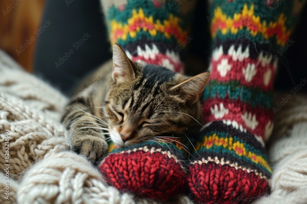 Serene tabby cat sleeps peacefully beside a person's feet in vibrant knitted socks Serene tabby cat sleeps peacefully beside a person's feet in vibrant knitted socks