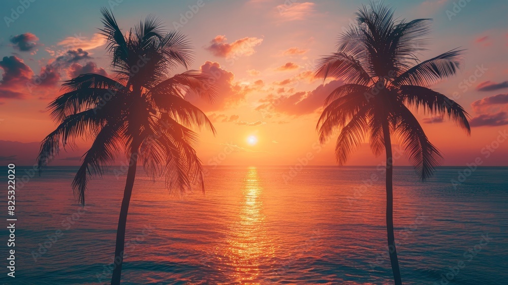 tropical sunset, as the sun sets, palm trees create silhouettes against the orange sky, concluding another idyllic day in paradise tropical sunset, as the sun sets, palm trees create silhouettes against the orange sky, concluding another idyllic day in paradise