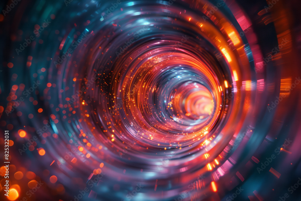 Abstract image of a lens emitting rays of light that form dynamic, rotating spirals and helixes, Abstract image of a lens emitting rays of light that form dynamic, rotating spirals and helixes,