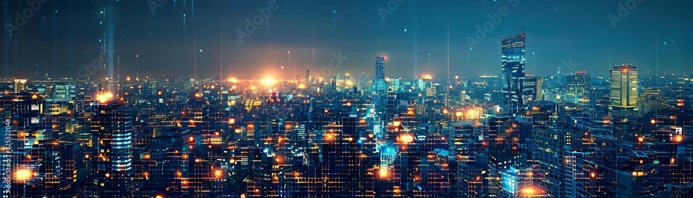 Fototapeta premium Stunning city skyline at night with vibrant lights, tall buildings, and a serene atmosphere, showcasing urban beauty and architectural marvels.