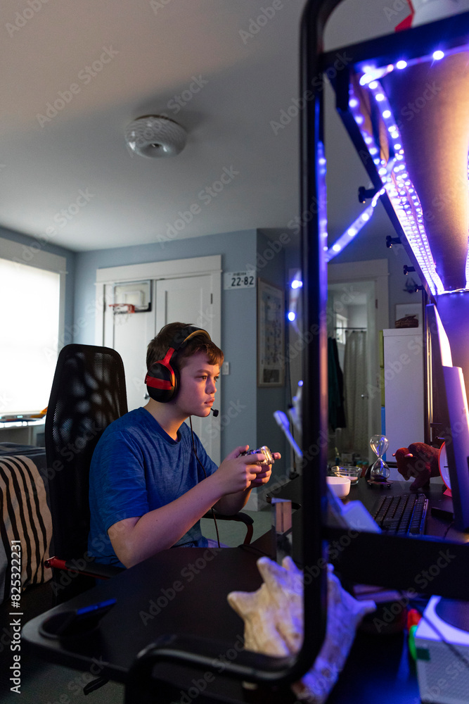 Young Boy smile video Gaming Computer at house bedroom Young Boy smile video Gaming Computer at house bedroom