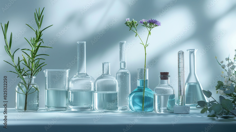 Fresh Botanical Extracts and Herbs in Transparent Glass Vials on Blue Background. Generative ai Fresh Botanical Extracts and Herbs in Transparent Glass Vials on Blue Background. Generative ai