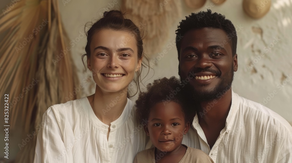Happy smiling diverse family, multicultural multiracial adult couple, white woman and African man with little child. Concept of mixed marriage and family. Generative ai.