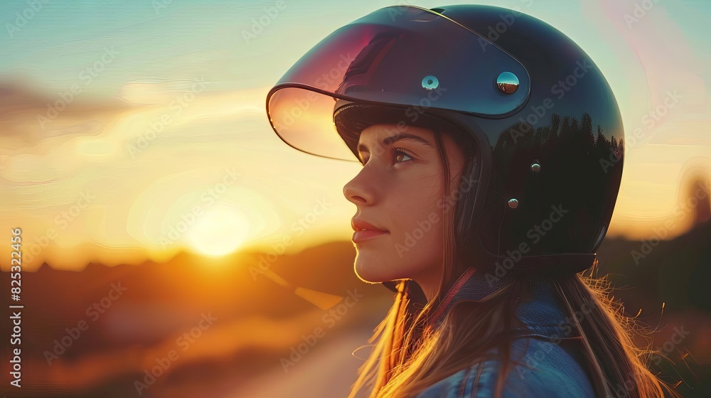 adventurous young woman ready for wild ride with vintage 1984 scooter helmet at sunset closeup adventurous young woman ready for wild ride with vintage 1984 scooter helmet at sunset closeup