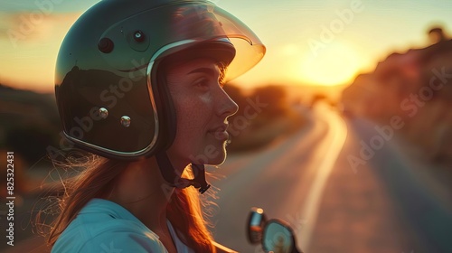 adventurous young woman ready for wild ride with vintage 1984 scooter helmet at sunset closeup photo