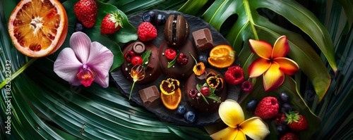 Black chocolate bar with fresh berries and orange slices on a plate. The plate is laying on the palm leaves.