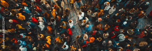A group of individuals standing closely together in a crowded street, some wearing masks or disguises, creating a dense and dynamic scene photo