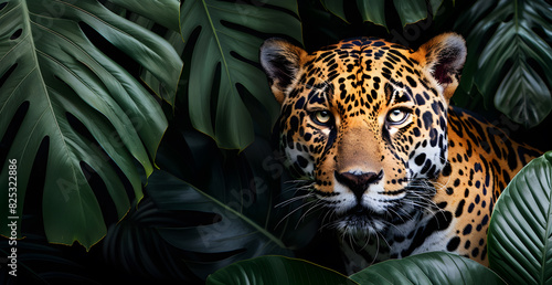 A jaguar is standing in the middle of a lush green jungle