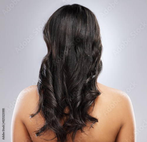 Hair care, health and back of woman in studio with natural, beauty and salon treatment for wellness. Cosmetics, grooming and female person with long, curly and shiny hairstyle by gray background.