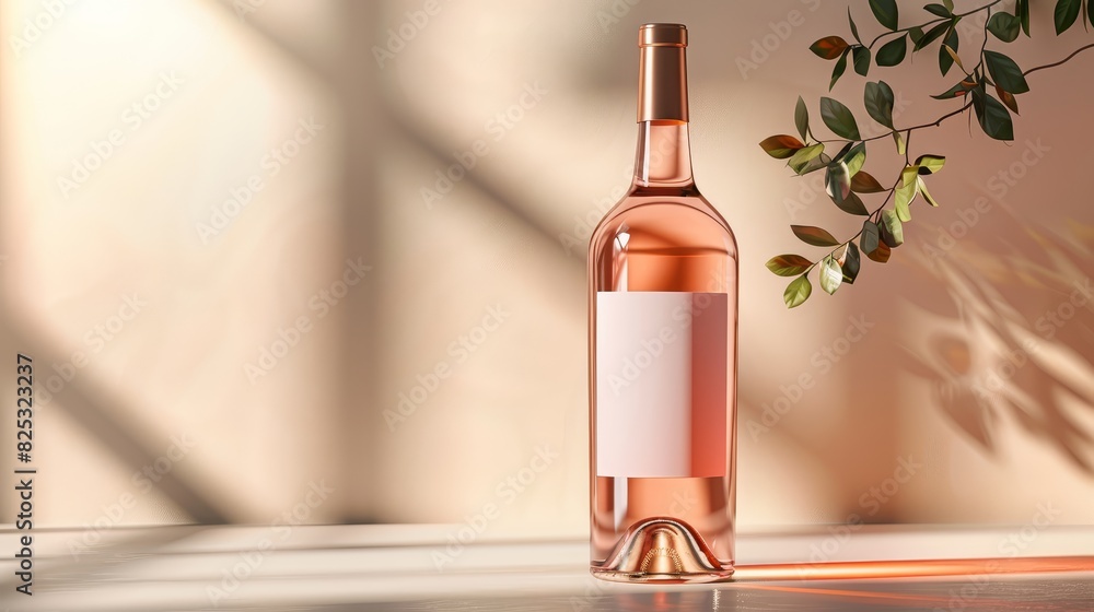 A rose wine bottle with a blank label, light background, ideal for branding mockups, close up, focus on, modern branding theme, dynamic, Composite, soft gradient backdrop