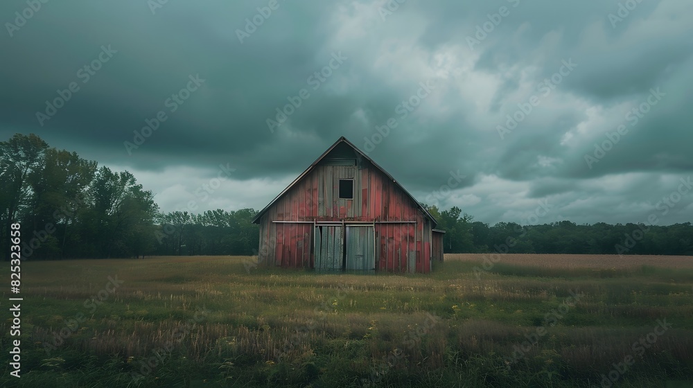 Rustic old barn surrounded by grassland and forest landscape. Rustic old barn surrounded by grassland and forest landscape.