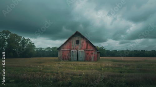 Rustic old barn surrounded by grassland and forest landscape. © KHF