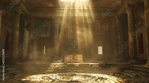 The image shows the interior of a grand temple, with a large altar in the center. The temple is lit by a shaft of sunlight that shines down from a hole in the roof. photo