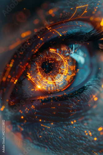 A futuristic, cybernetic eye with glowing lines and circuits, representing enhanced vision and technological beauty, © Natalia