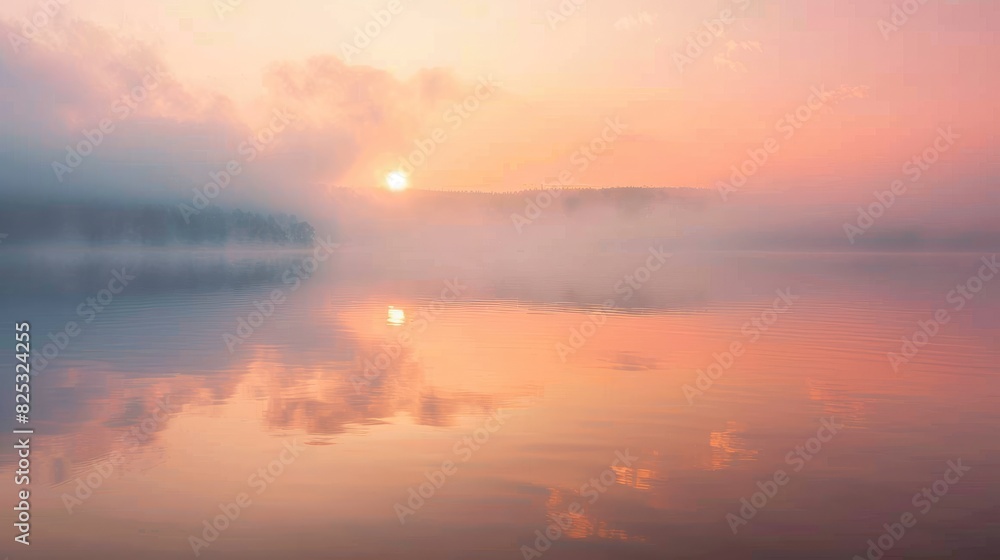 Sunrise with soft colors above a lake reflecting the serene surroundings