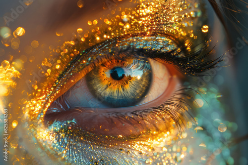 An eye with shimmering, jewel-like patterns, representing the preciousness and clarity of vision, photo