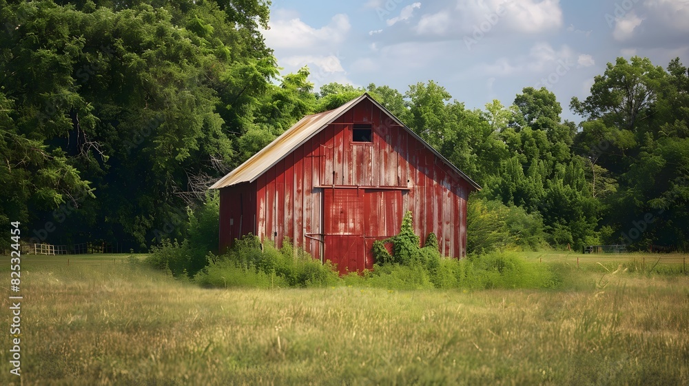Rustic old barn surrounded by grassland and forest landscape. Rustic old barn surrounded by grassland and forest landscape.