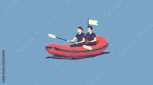 A man and woman in an inflatable boat with oars, in a simple flat illustration style with a blue background. photo