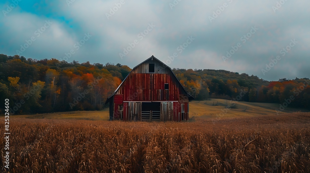 Rustic old barn surrounded by grassland and forest landscape. Rustic old barn surrounded by grassland and forest landscape.