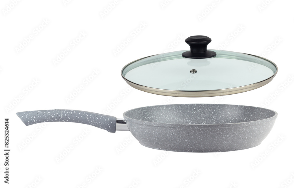 Ceramic marble frying pan with glass lid isolated from background Ceramic marble frying pan with glass lid isolated from background