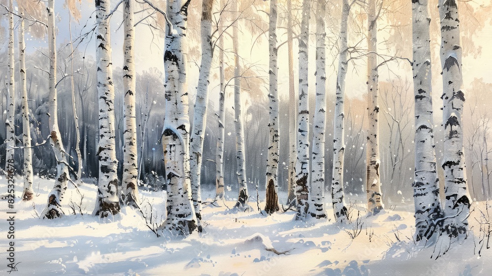 Snowy scene with pale birch trees Snowy scene with pale birch trees