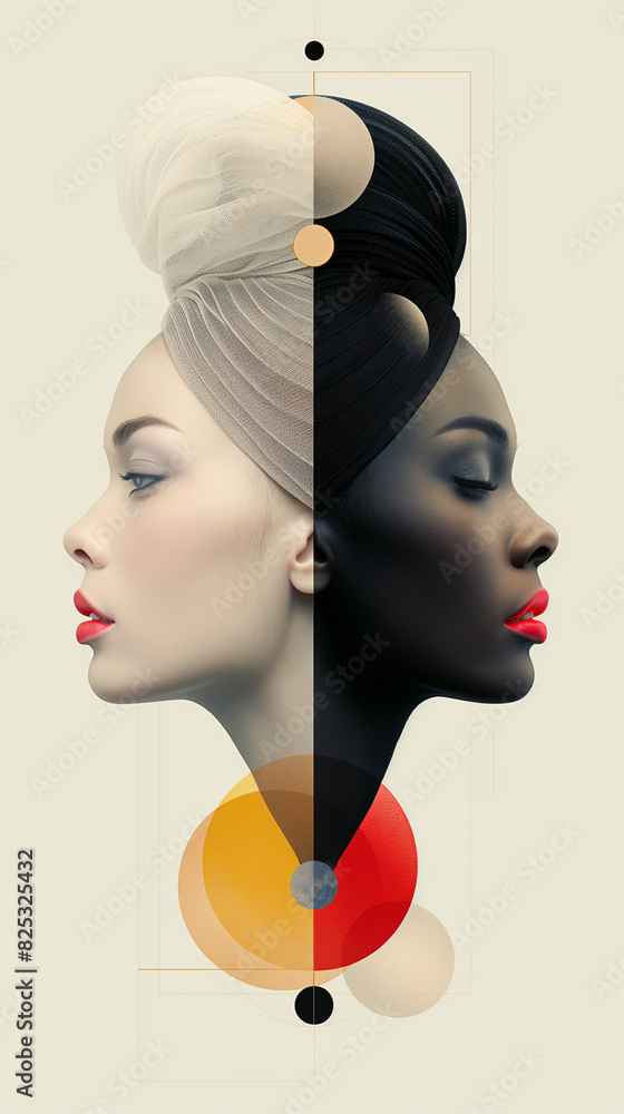 Two women with different skin tones and hair styles wearing red lipstick. The image is a collage of different shapes and colors Two women with different skin tones and hair styles wearing red lipstick. The image is a collage of different shapes and colors