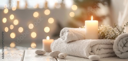 Spa therapy background, White luxury towels, Aromatherapy candles, Zen massage setting, Wellness beauty table