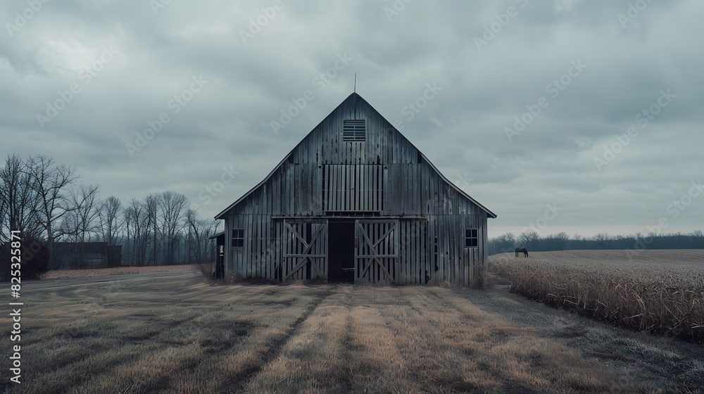 Rustic old barn surrounded by grassland and forest landscape. Rustic old barn surrounded by grassland and forest landscape.