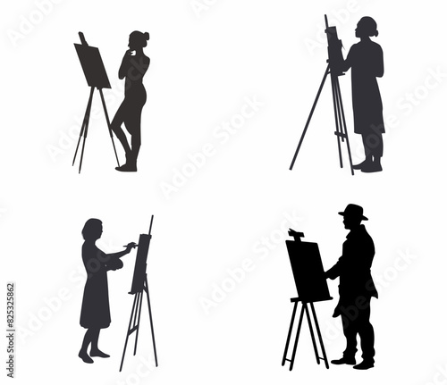 Painting silhouette. Artist painting. Group of various artist painting on canvas. 
People paint using Easel, Canvas, Brushes and Watercolor.